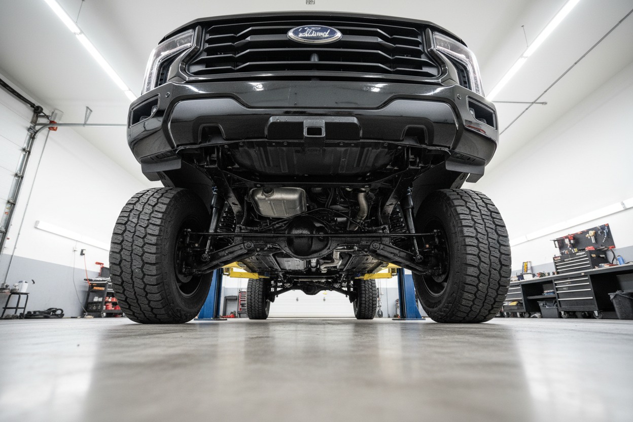 Pickup truck on a lift showing the underbody and frame.